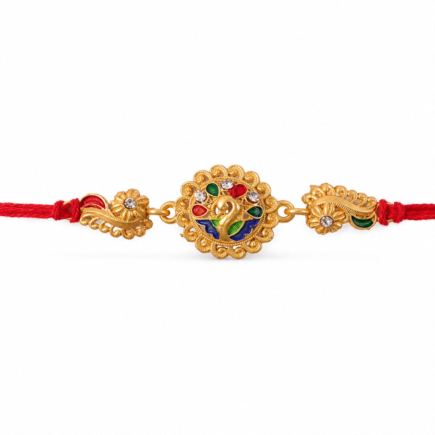 Graceful Rakhi with Floral Medallion, pink green stones and bead line for Gift Use