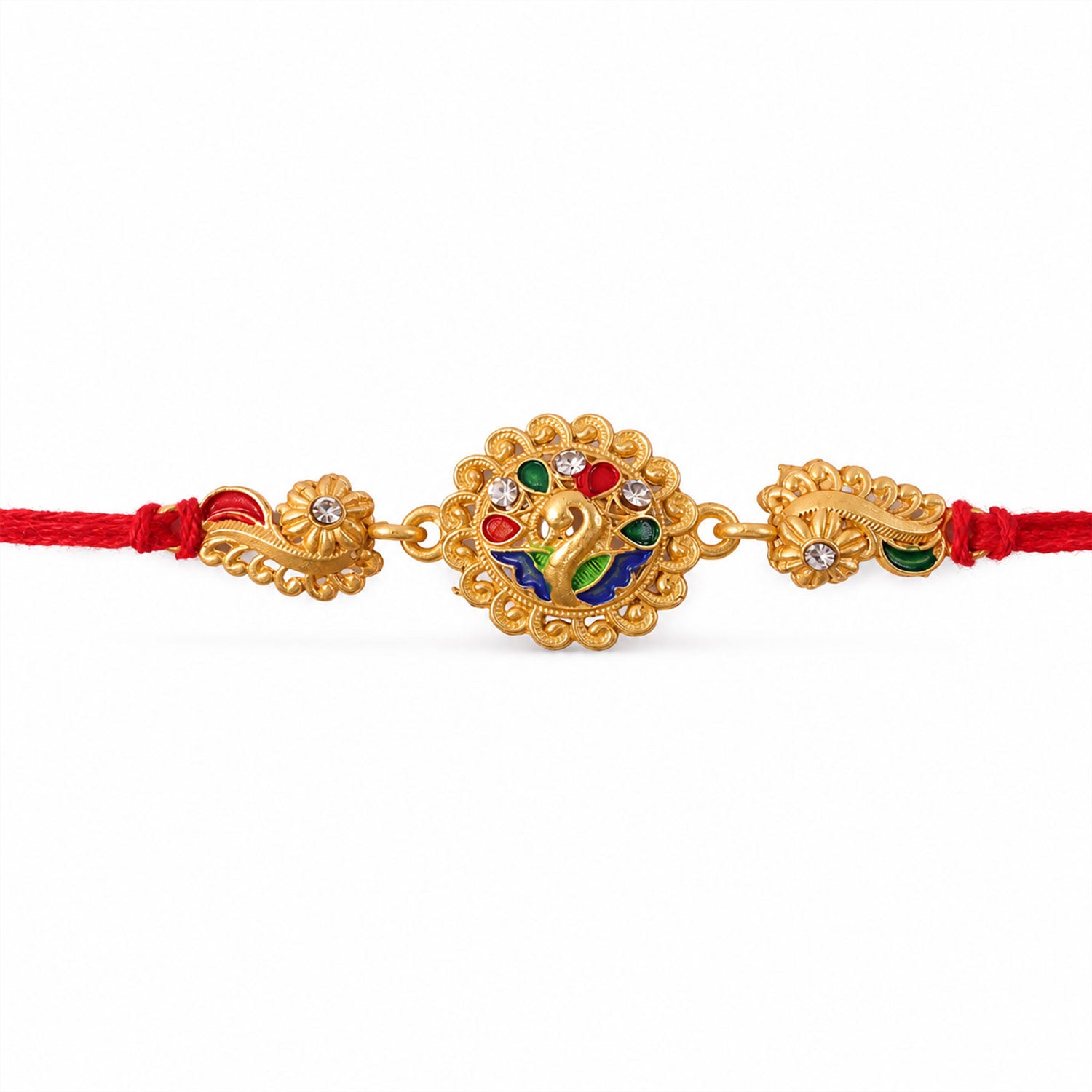 Graceful Rakhi with Floral Medallion, pink green stones and bead line for Gift Use