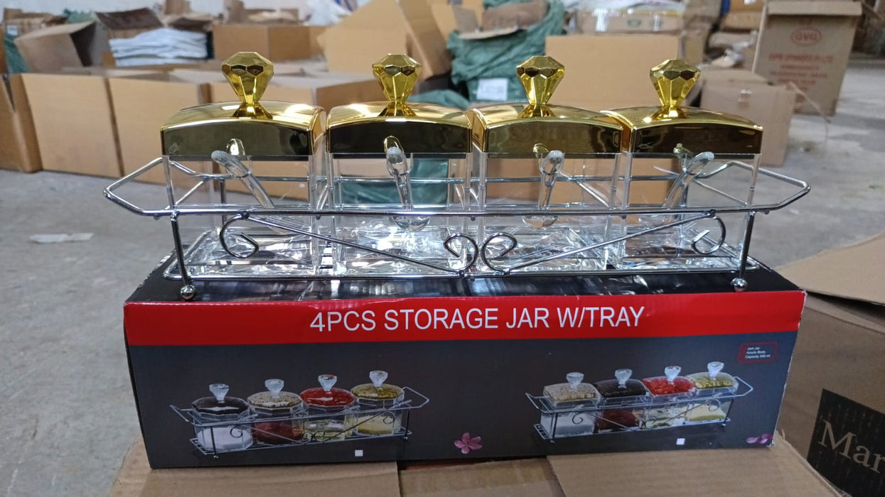 Storage Jar Set One Set with 4 Jars with Lids, Tray & 4 Spoon for Coffee, Tea, Sugar for Storage jar With Tray for Home Kitchen