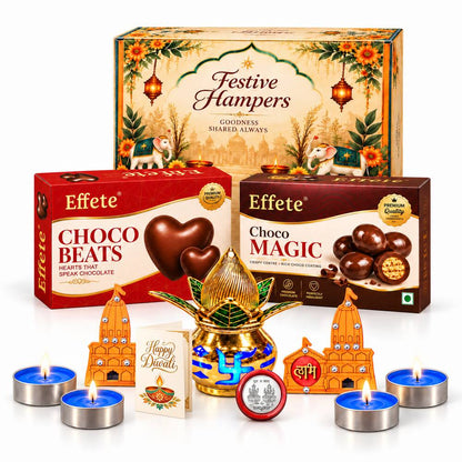 A festive hamper box, two chocolate boxes, a golden kalash, two orange temple decorations, a Happy Diwali card, and four