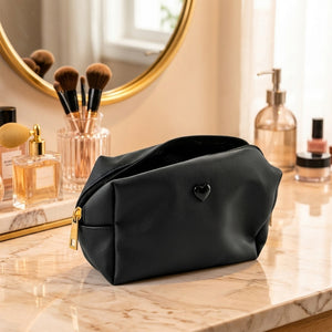 Black Faux Leather Zipper Makeup Pouch with Heart Detail (1 Pc)