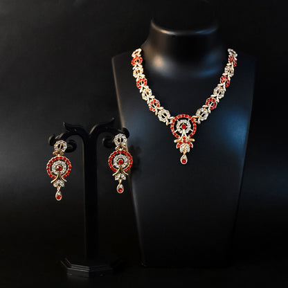 Red & White Diamond Necklace with Earring Set