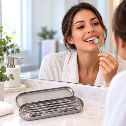 A woman in a white robe uses a dental mirror to check her teeth in a bathroom mirror, with the tool set in its case on the