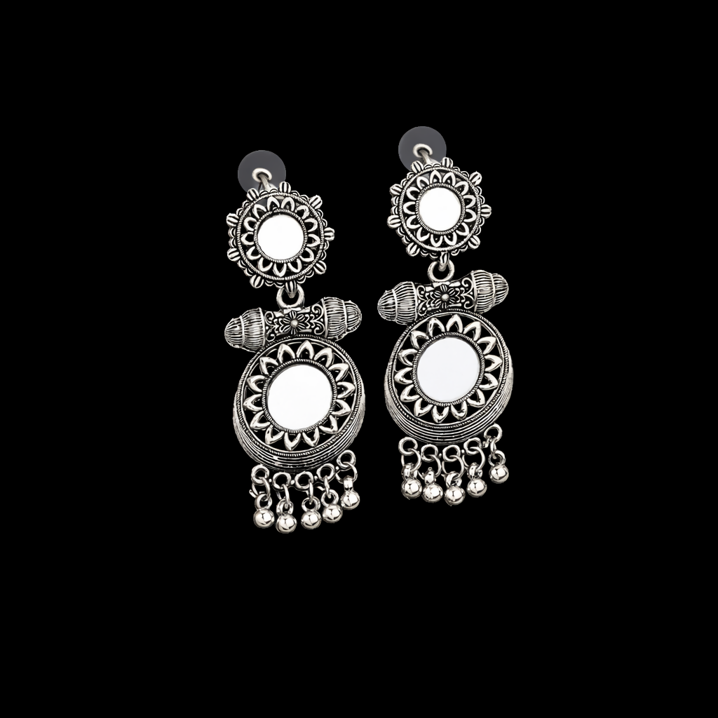 Oxidised Mirror Work Drop Jhumka Earings