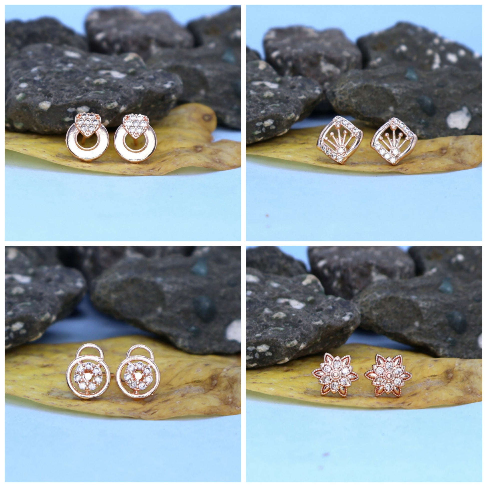 Rose Gold Plated AD Stud & Hoop Earrings Set for women and girls Combo Pack of 4