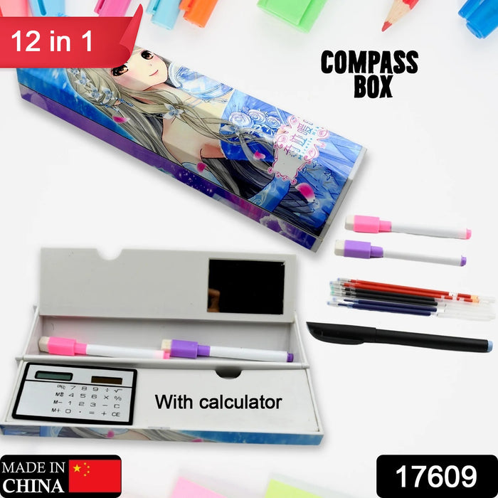 17609 12 in 1 Compass Box, Geometry Box 2 Compartment, Pencil Box with 1 Calculator, 1 Mirror, Pen Refill 2 Black, 2 Blue, 2 Red, 2 Marker for Boys Art Plastic Pencil Box for Girls and Boys