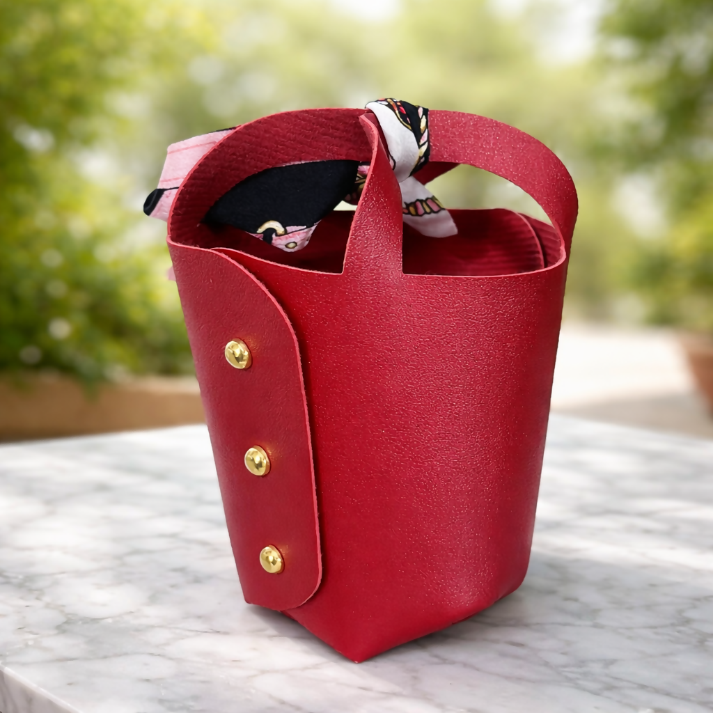 Mini Red Handbag with Printed Scarf | Stylish Bucket Purse for Women