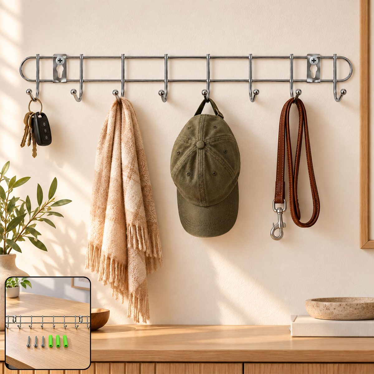 Steel Wall Mount Hanger Rack with 8 Rounded Hooks (1 Pc, Approx. 47 cm)