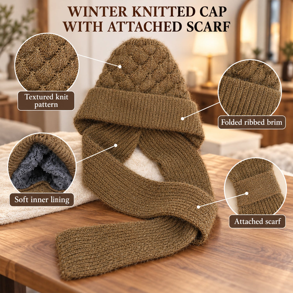 Close-up views highlight the textured knit pattern, ribbed brim, soft lining, and attached scarf details.