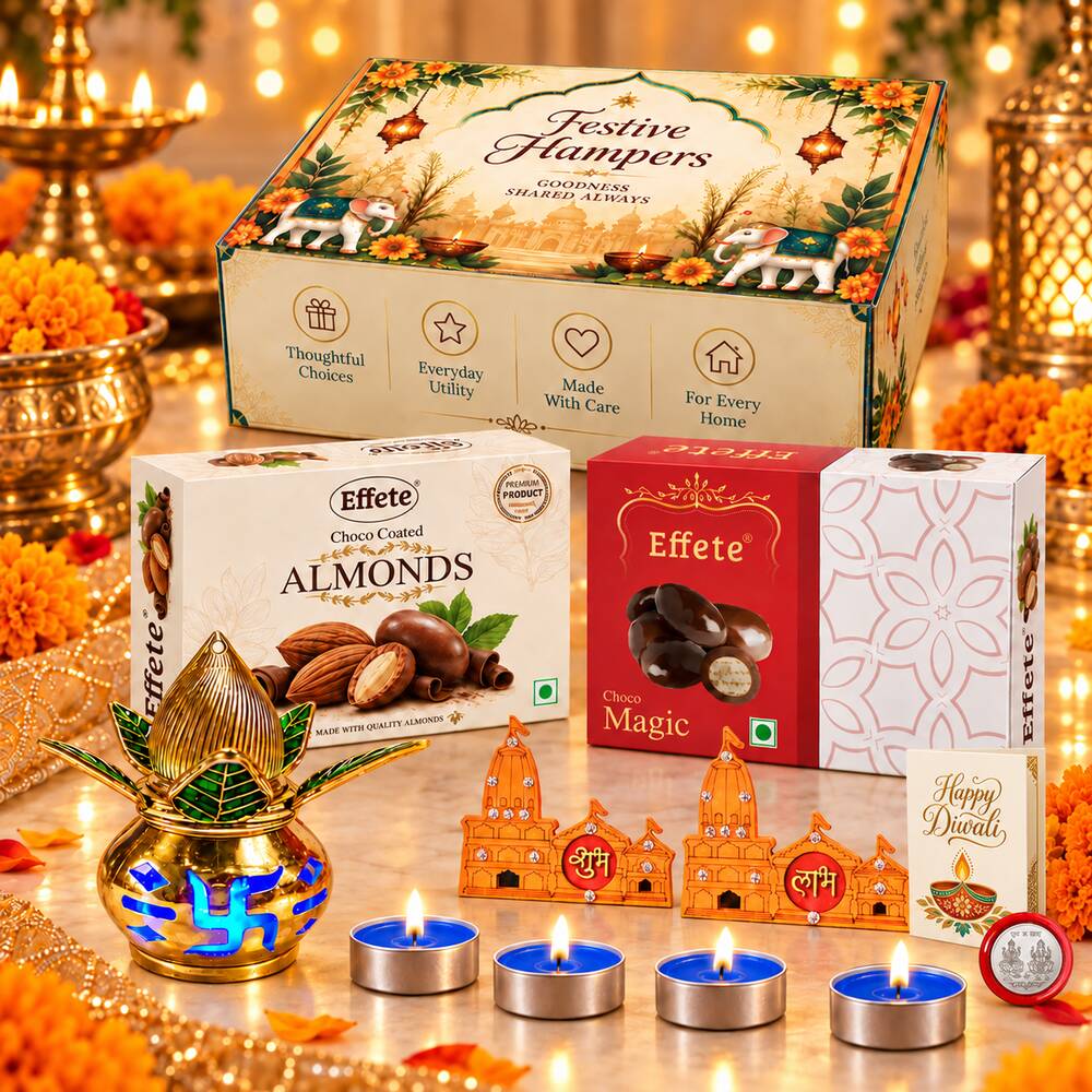 A festive hamper box with two chocolate boxes, a golden kalash, four blue tealights, three wooden temple – view 3