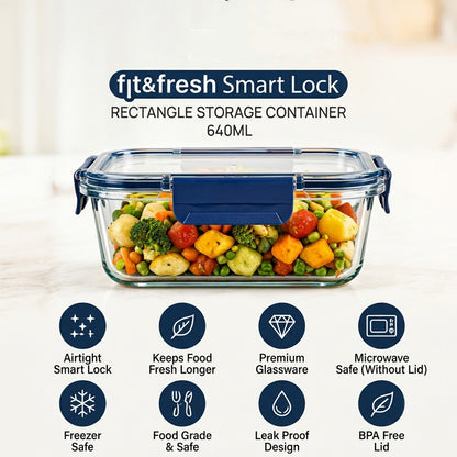 Cello 640ml Rectangular Glass Food Storage Container with Smart Lock Lid (1 Pc)