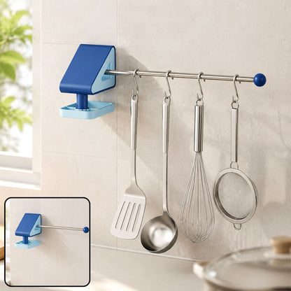 Blue and light blue wall-mounted drying rack with a silver rod holding kitchen utensils. Inset shows the rack without