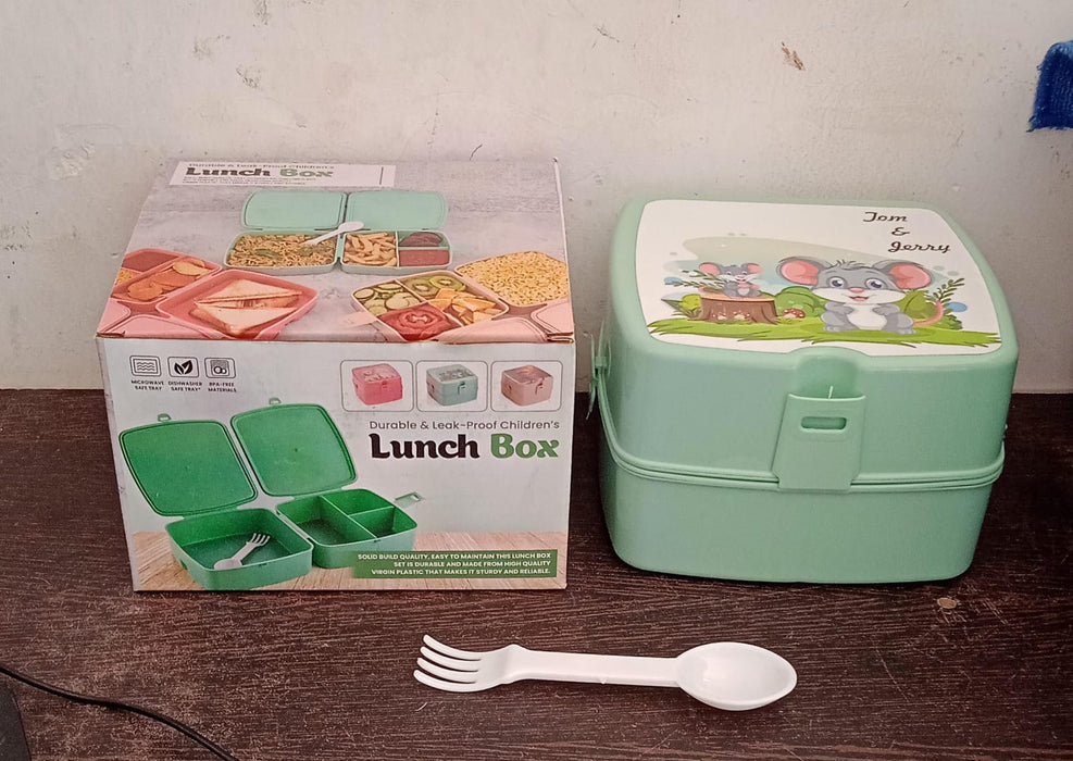 5787 Double-Layer Square Lunch Box with  Spoon , 4 Compartment Tiffin & Push Lock , Plastic Tiffin Box for Travelling, School Kids & Office Exclusive, Home