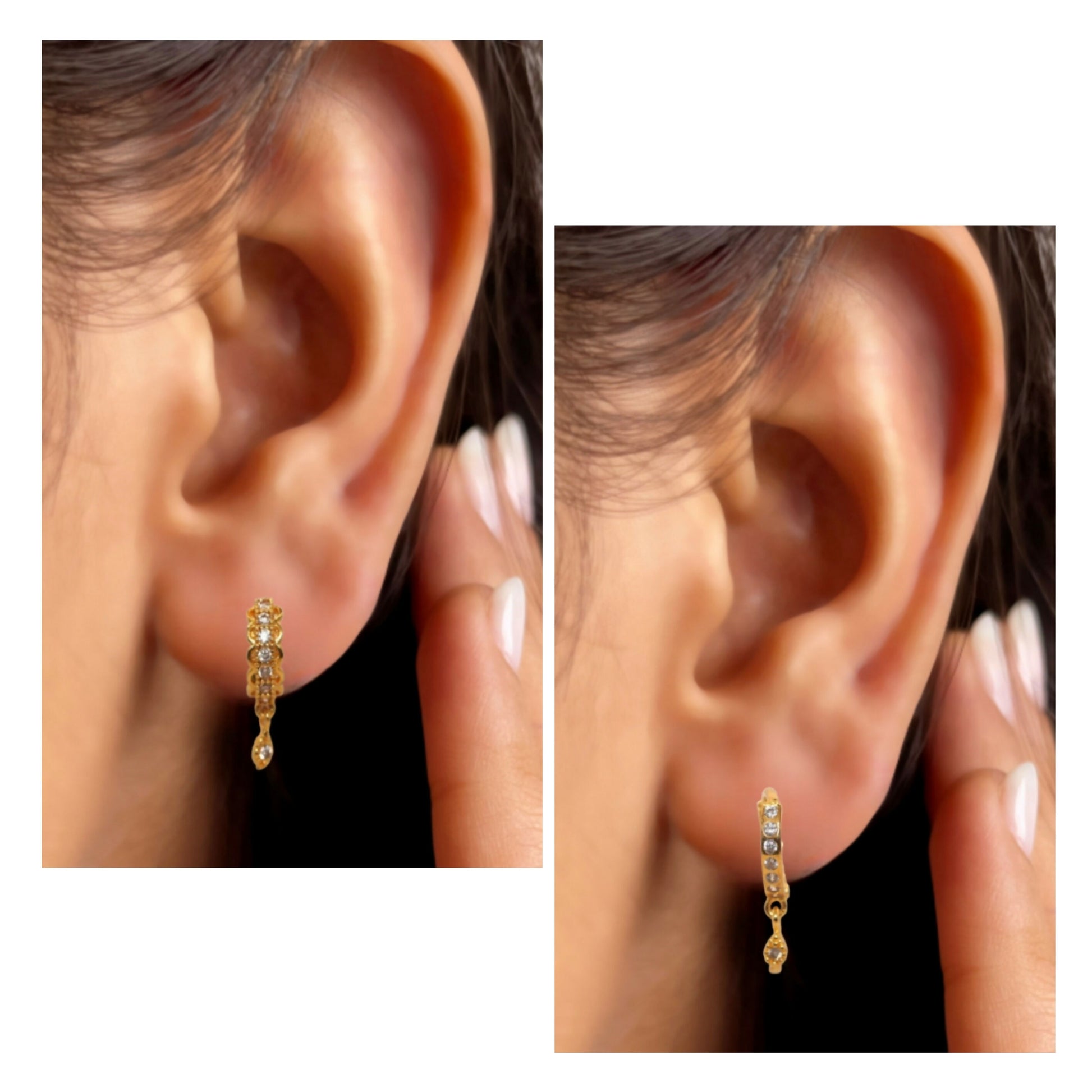 Close-up of elegant gold-plated huggie hoop earrings featuring sparkling CZ stones