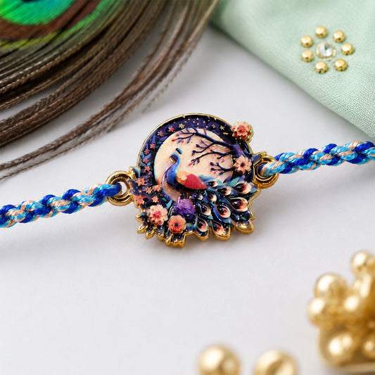 Peacock floral charm fancy dori rakhi for brother beautifully displayed.
