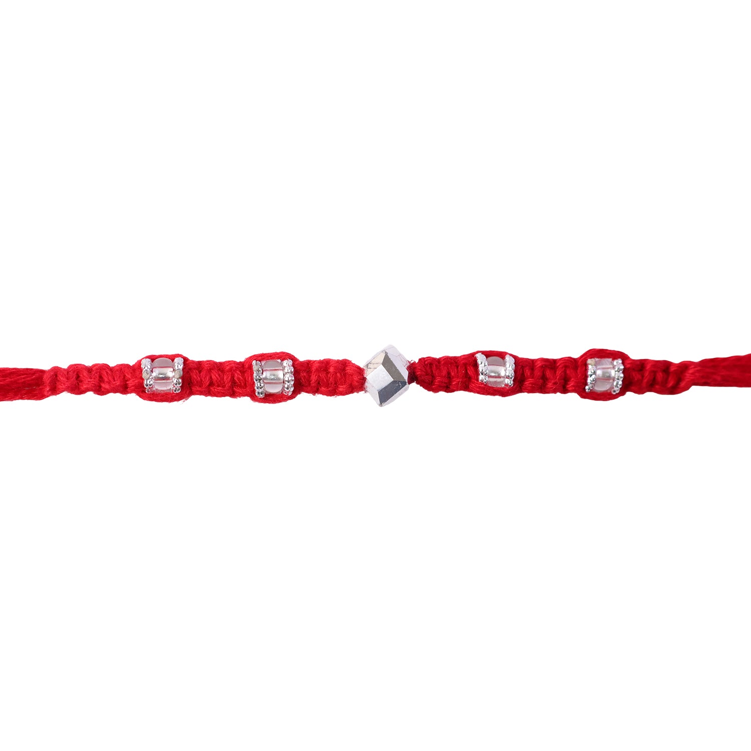 Red Thread Rakhi with Silver Square Beads and Diamond-Shaped Charm