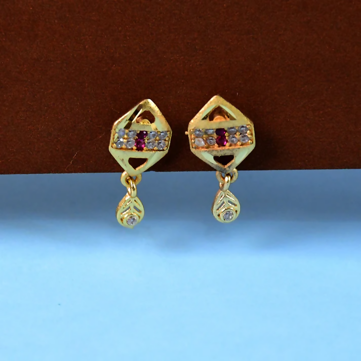 Trendy Geometric Gold Earrings with Sparkling Stones & Drop Charm