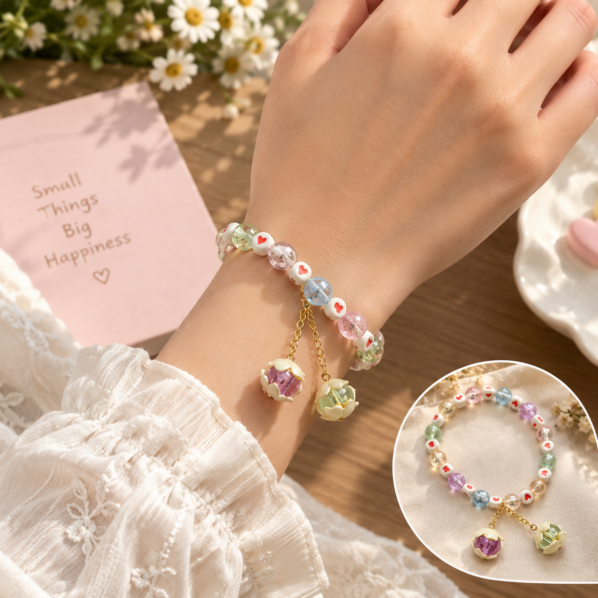 A person's wrist wearing the multicolor beaded bracelet with flower charms, next to a pink notebook.