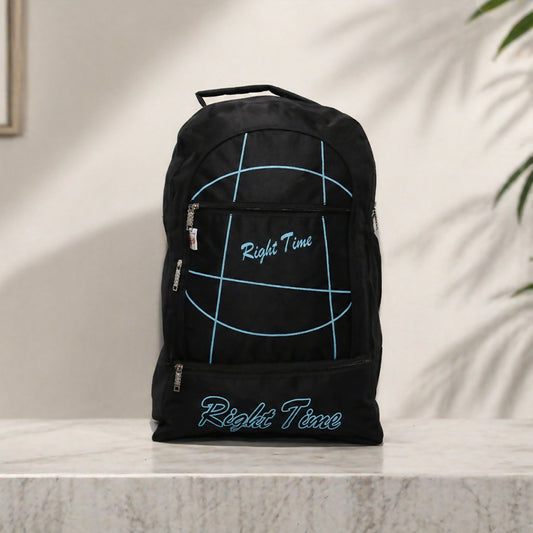 Full view of the Right Time Trekking Backpack in black with a modern geometric pattern.