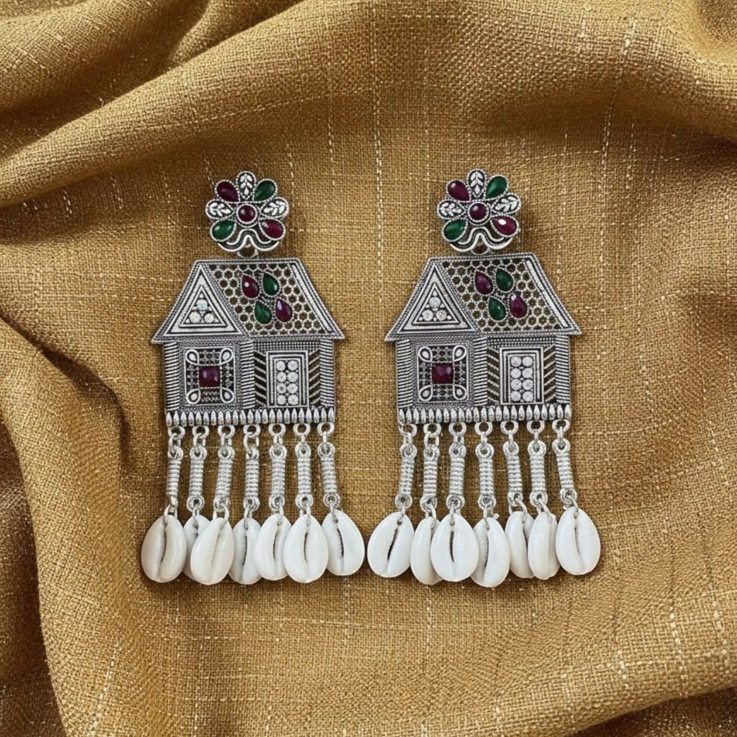 Oxidized Silver House-Shaped Earrings with Multicolor Stones & Shell Danglers
