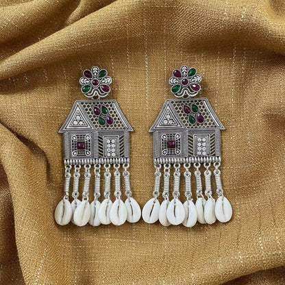 Oxidized Silver House-Shaped Earrings with Multicolor Stones & Shell Danglers