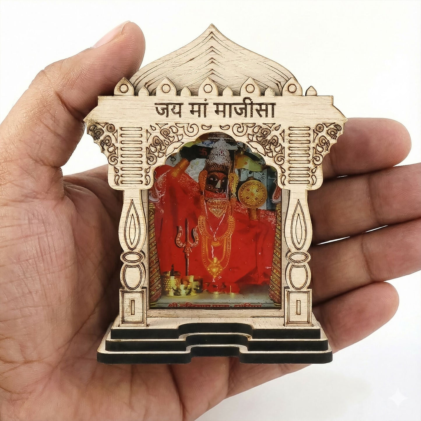 Wooden Maa Majisa Temple Frame Idol for Car Dashboard, Home Mandir & Office Decor