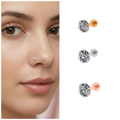 Labret stud nosepin combo pack with gold, silver and rose gold finishes displayed
