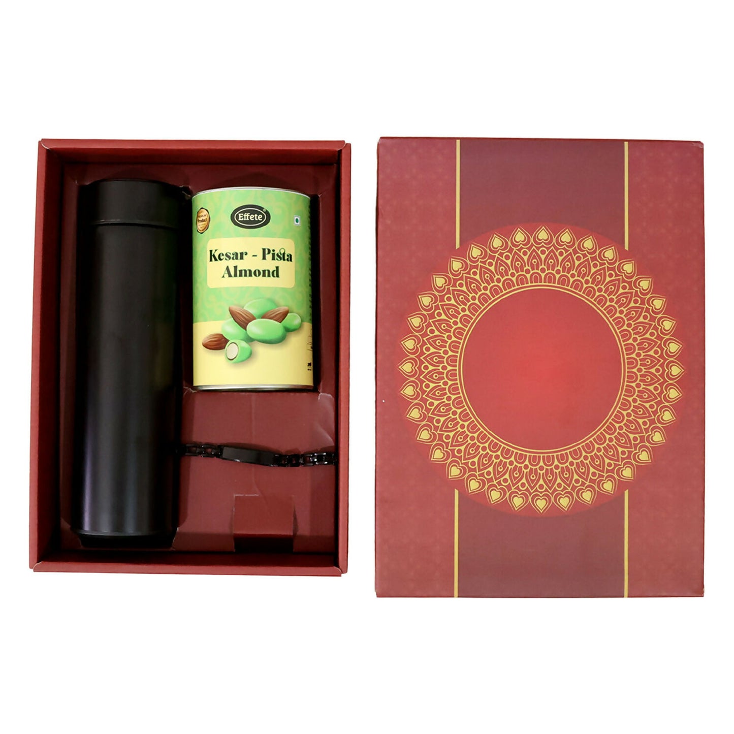 Gift set including rakhi, chocolate, and bottle