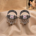 Oxidised Silver Chandbali Jhumka Earrings with Light Pink Stone and Pearls for Women