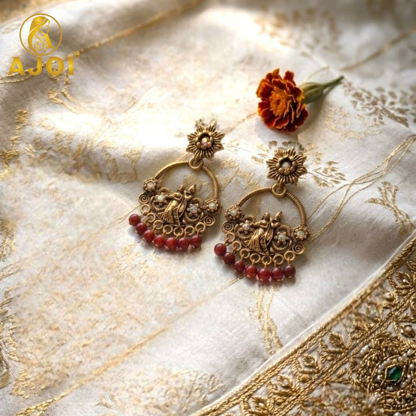 Detailed view of antique earrings with stone accents