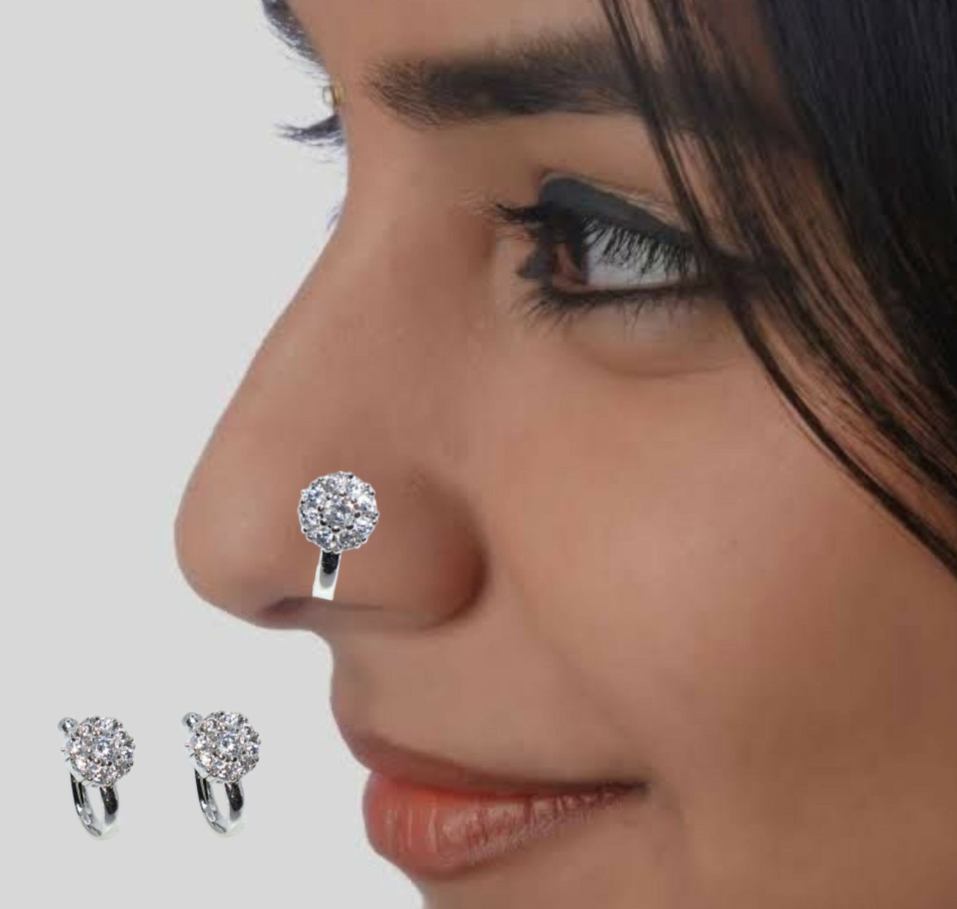 Silver-Plated AD Clip-On Nose Ring & Hoop Earrings Combo Pack of 2