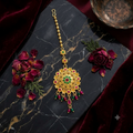 Gold Plated Floral Maang Tikka with Ornate Circular Pendant & Hanging Bead Drops