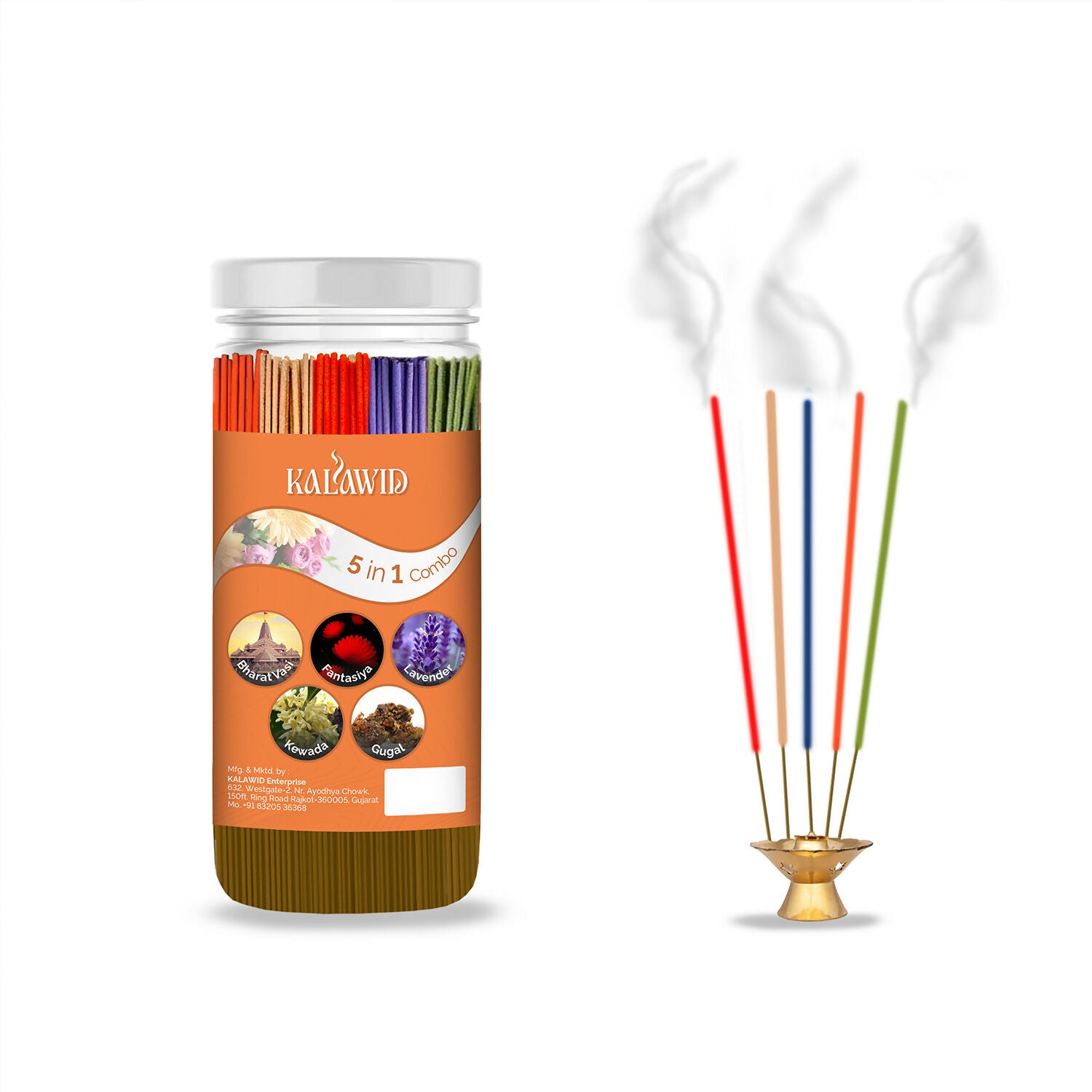 Premium Agarbatti 5 In 1 Combo with Bharatvasi, Fantasiya, Lavender, Kewada, Gugal Fragrances for Relaxation & Daily Use (400 Gm)