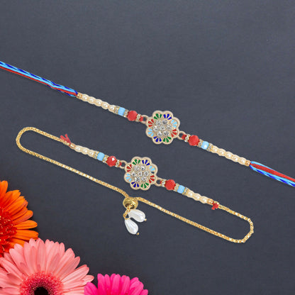Close-up of floral multicolor Rakhi dial with pearl beads