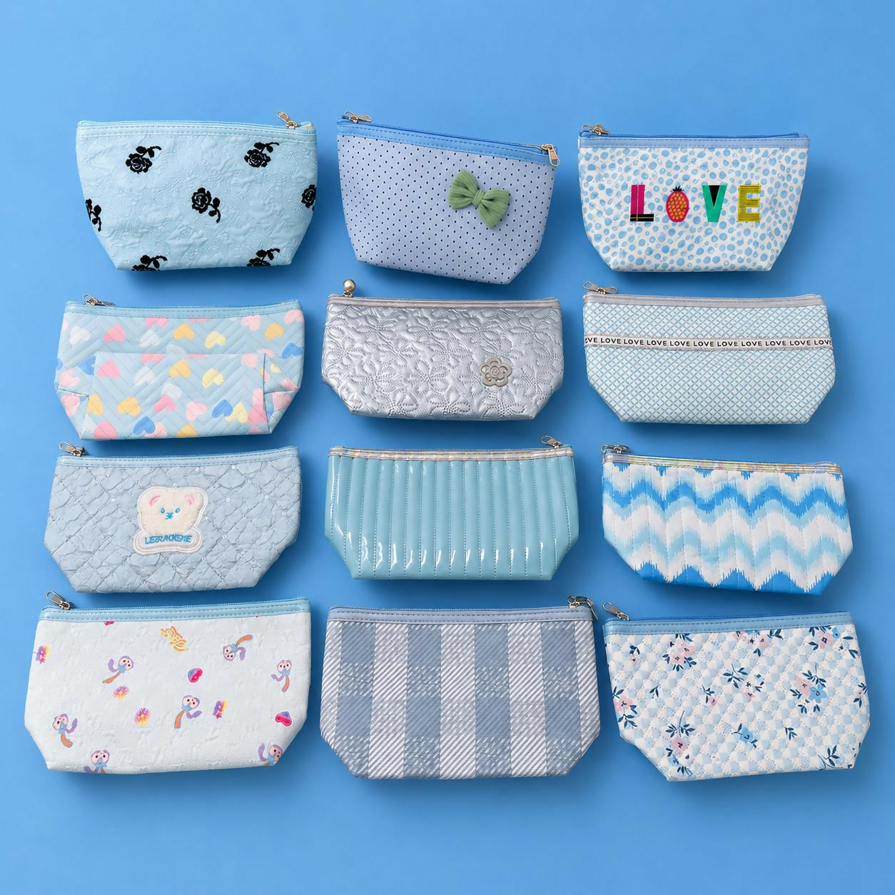 Compact and lightweight blue cosmetic and stationery pouch