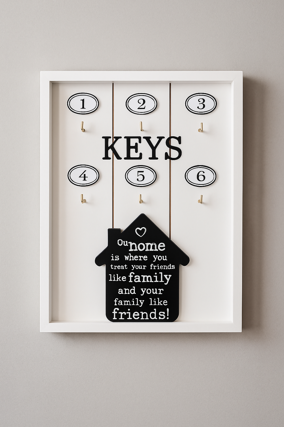 Wooden Key Holder keystand Frame with 6 Numbered Hooks