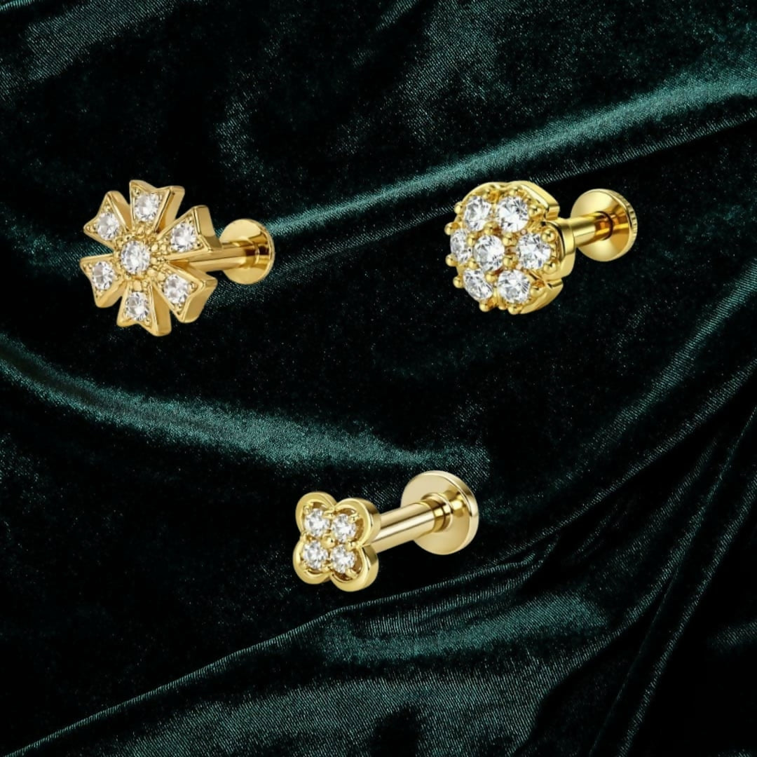 Flat-back gold nose stud featuring detailed floral design in combo pack
