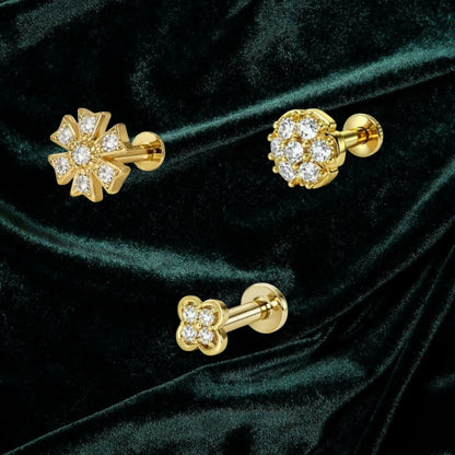 Flat-back gold nose stud featuring detailed floral design in combo pack