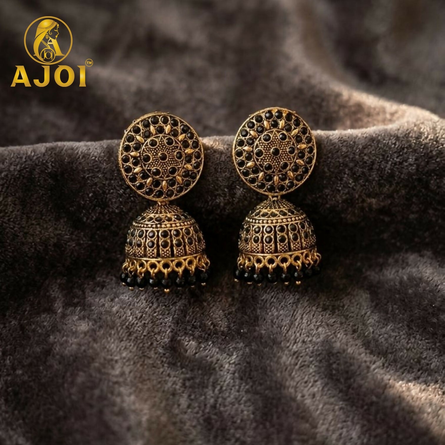 Antique Gold Black Stone Jhumka Earrings Traditional Ethnic Design