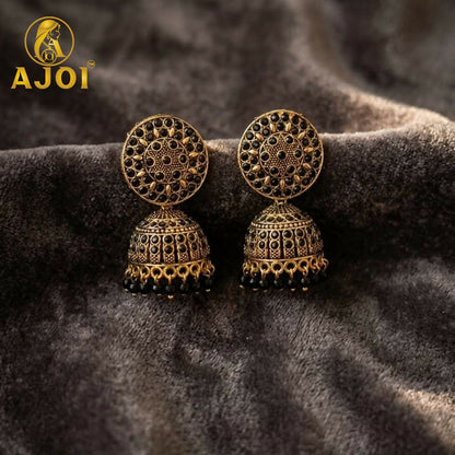 Antique Gold Black Stone Jhumka Earrings Traditional Ethnic Design