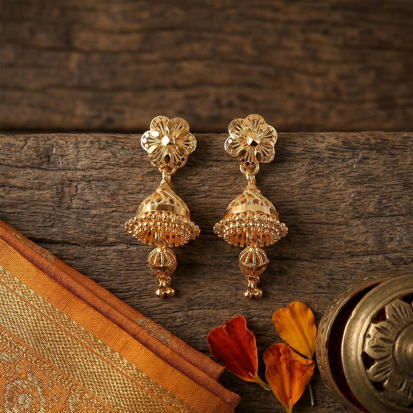 Premium Matte Gold Floral Drop Jhumkas – Lightweight Ethnic Jewelry