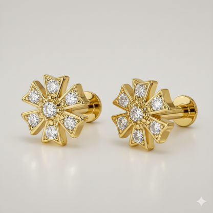 Detailed view of gold plated crystal flower stud earrings with flat back post