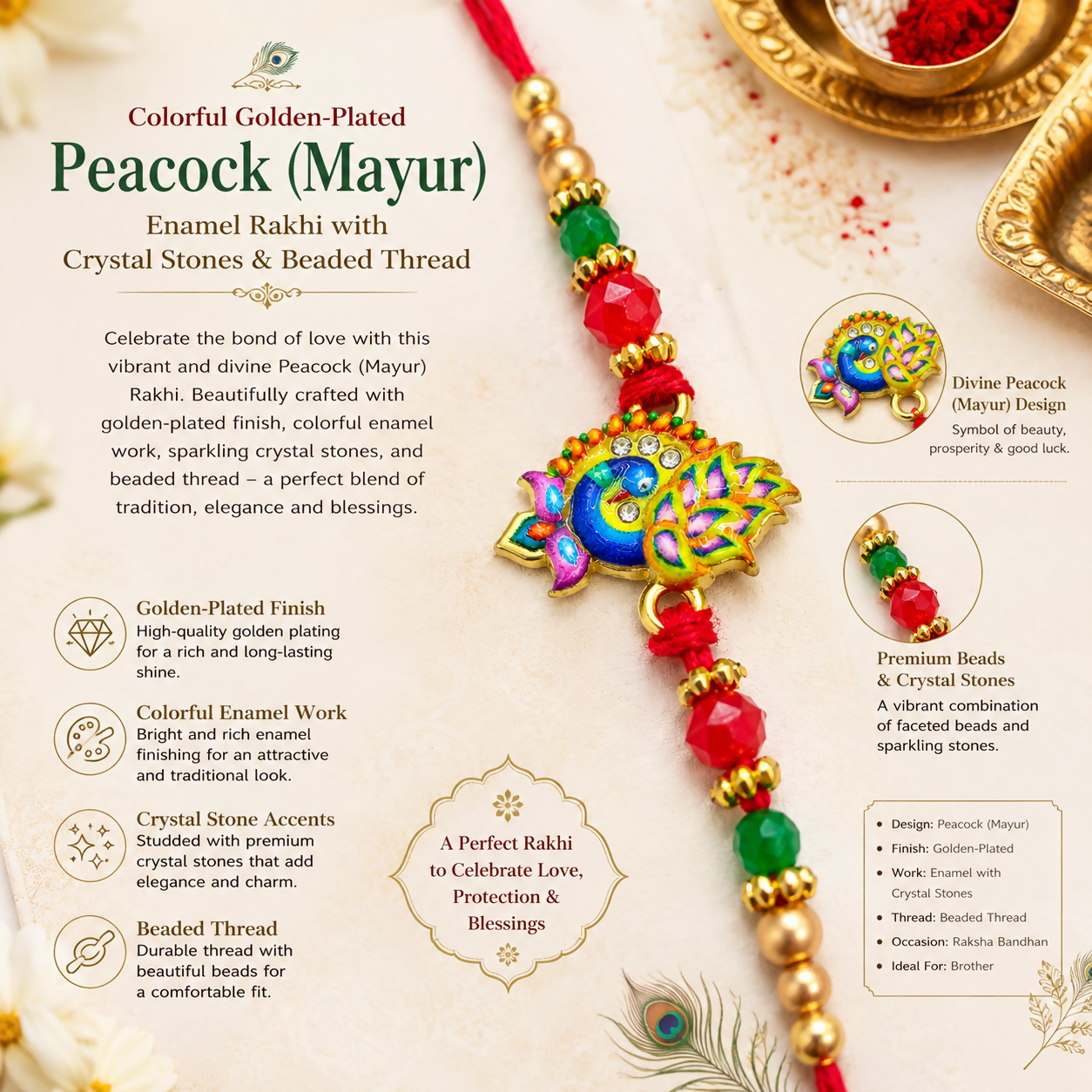 A golden-plated peacock enamel design with crystal stones and beaded thread is displayed with text descriptions of its