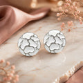 Elegant White Enamel Mosaic Round Stud Earrings – Silver-Tone Statement Designer Earrings for Women