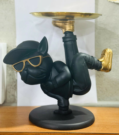 Luxury Black & Gold Bulldog Figurine with Upside-Down Tray – Modern Resin Dog Showpiece in Breakdance Pose – Funky Decorative Tray Stand for Keys, Coins & Snacks – Stylish Home & Office Décor Gift