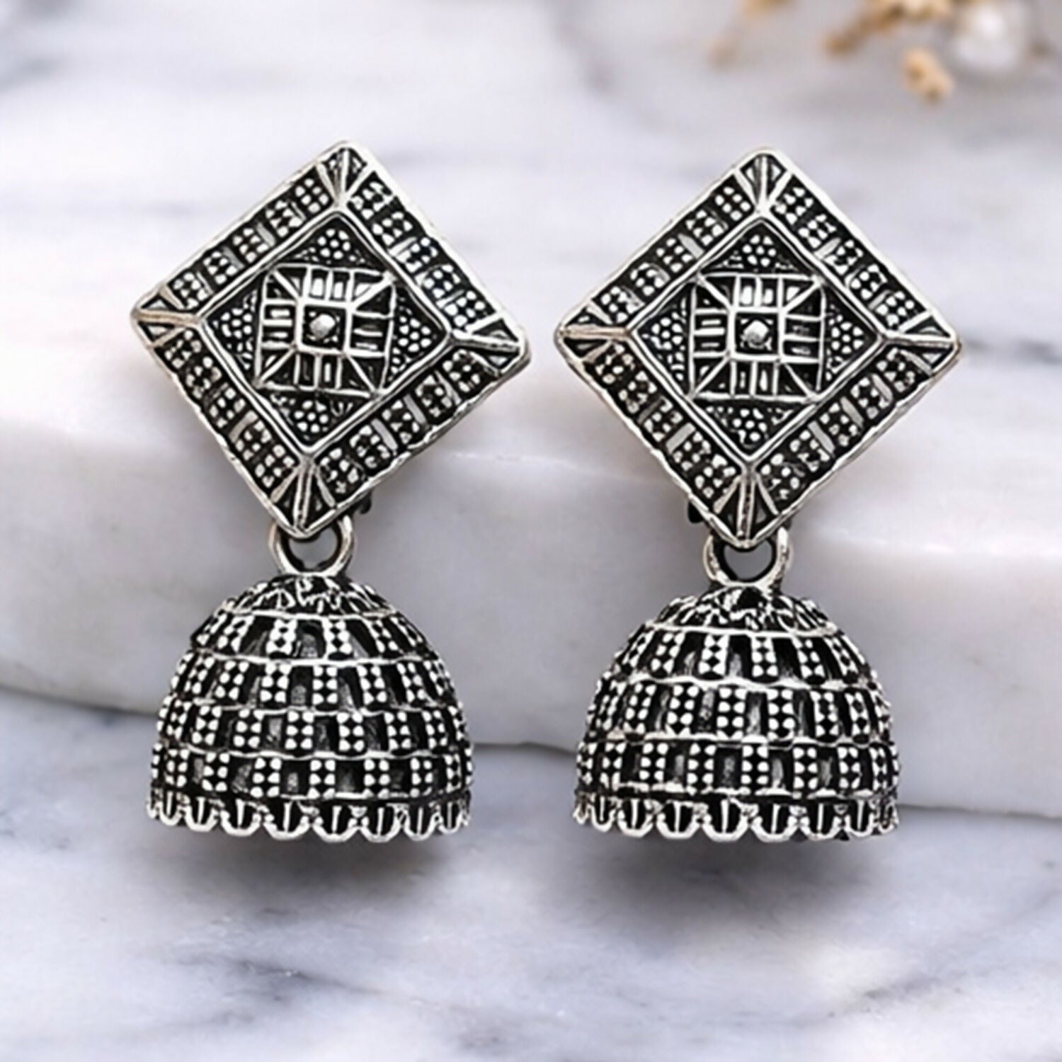 Oxidized Silver Floral Jhumka Earrings for Women – Traditional Ethnic Designer Jewelry