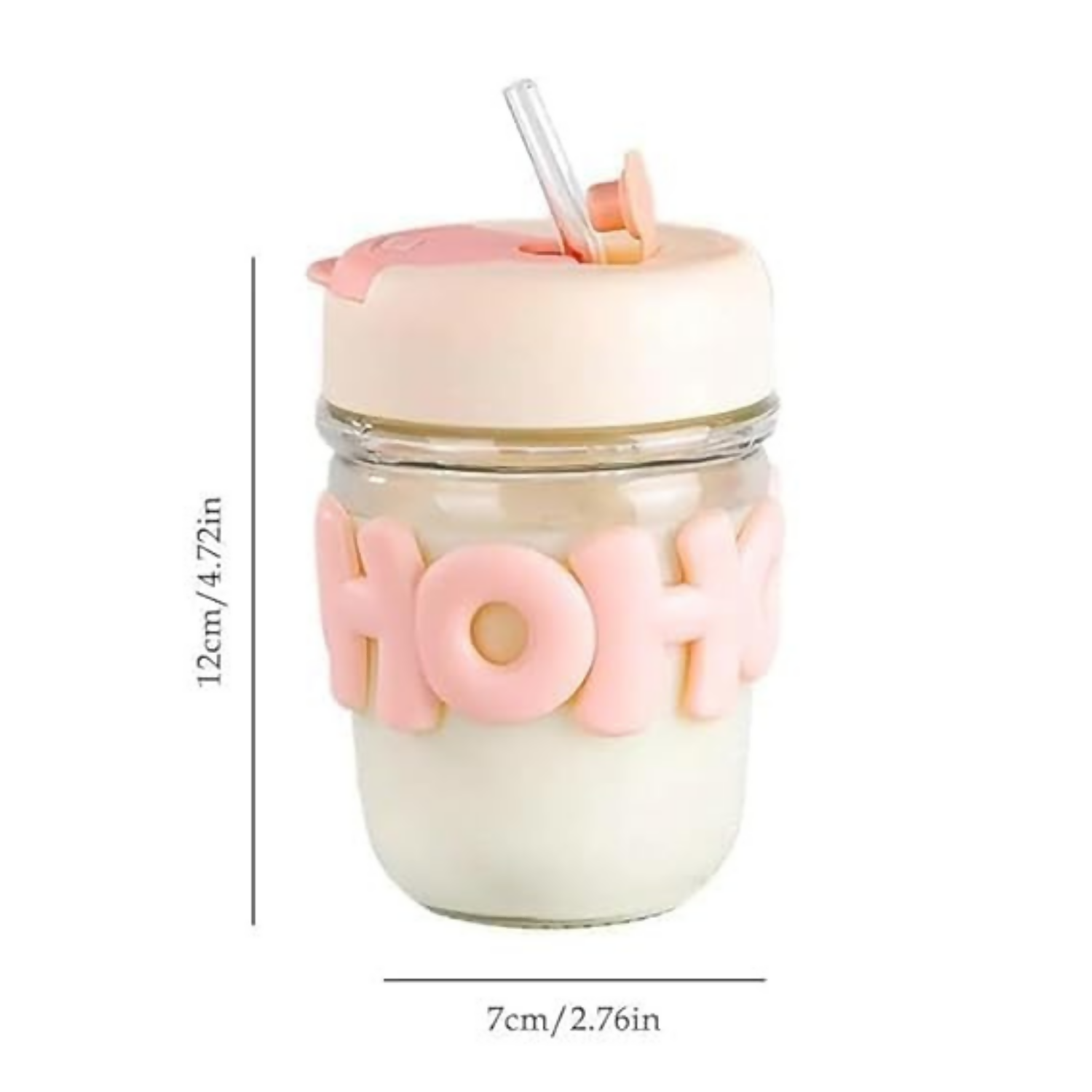 HOHO Cute Glass Milk Jar with Straw & Silicone Lid | 350ml Leakproof Reusable Smoothie Cup | Aesthetic Mason Jar Tumbler for Kids & Adults | Iced Coffee, Juice & Milkshake Cup | 12cm x 7cm | Pastel Pink