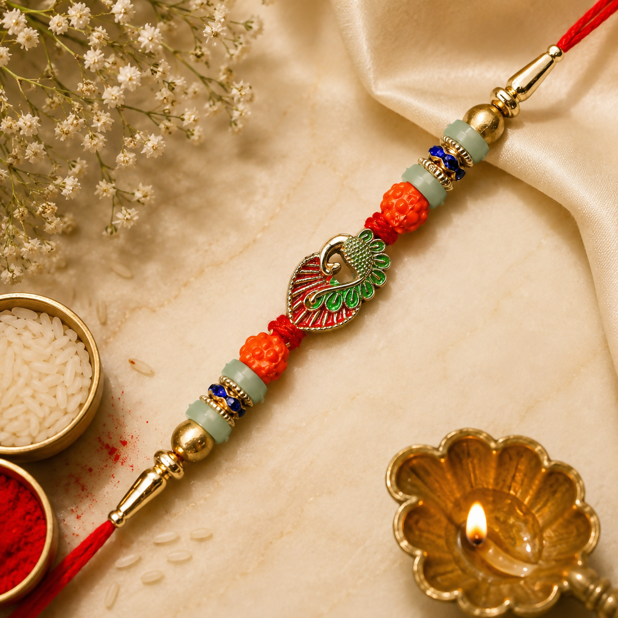 A red and gold bracelet with a peacock charm, orange and light green beads, and blue accents, surrounded by white flowers,