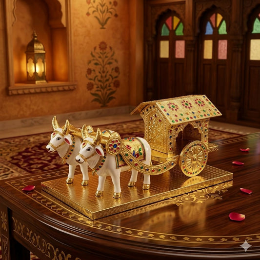 Gold-plated Meenakari bullock cart showpiece on wooden base