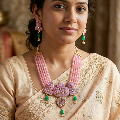 Detailed view of pink beaded necklace centerpiece